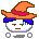 Pixelated character with orange witch hat, purple hair, and blue tears, shown in with varying eye and tear positions