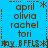 Blue background with brown text listing names and symbols in a pattern, featuring repeated elements like 'april', 'olivia', 'rachel', 'tori', asterisks, and dotted lines