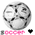 Six soccer ball icons arranged in two , each with 'soccer' text and a heart symbol showing animation changes between black and pink hearts