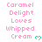 Pixelated text reads 'Caramel Delight Loves Whipped Cream' with a green heart symbol, repeated across multiple on a white background