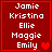 Red square icon with white text listing names Jamie, Kristina, Ellie, Maggie, Emily and a red heart symbol.