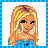 Pixelated cartoon woman with blonde hair and hoop earrings, wearing a blue top; animated sequence shows text changing from 'baby blues' to 'blues baby' in glowing blue letters.