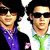A person with dark hair and sunglasses wears a white shirt, green tie, purple vest, and black jacket in multiple repeated poses.