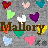 Static pixel art image featuring a gray grid background with multiple heart-shaped icons in various colors and one brown text element reading 'Mallory'.