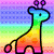 Rainbow-colored giraffe with black outline and purple eyes, standing against striped background in three distinct poses.