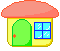 Pixelated house with orange roof and yellow walls shows four sequential states: closed green door, open door revealing pink character, full view of winged character, and partial character peeking from doorway.