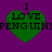 Green heart-shaped icon with black text "I LOVE PENGUINS" on purple background, repeated in a pattern