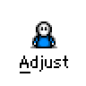 A 4x4 contact sheet of pixel art frames showing a blue-shirted character with white hair and black outline, mostly static except for one frame with red mouth detail and a speech bubble reading WHAT?