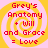 Four identical pixelated display red text on a yellow and pink spiral background with 'Grey's Anatomy + Will and Grace = Love' written in red