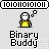 A 4x4 contact sheet of a pixel art animated icon showing a yellow stick figure with binary code borders and