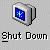 Six pixelated icons arranged in two , each showing a gray computer monitor with blue and yellow star-like symbols on screen, underlined text reading "Shut Down" below