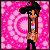 A 4-frame animated contact sheet showing a pixel-art character with long brown hair, green cap, and pink-and-white top against a pink patterned background, with text elements changing across frames.