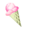 Pixelated pink ice cream cone with light green cone on gray background, rendered in low-resolution digital style.