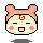 Pixel art character with peach hair, brown spiral curl on forehead, pink cheeks, and black outline in four expressions: closed eyes, open eyes, mouth open, mouth closed.