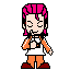 Pixelated character with pink hair and orange-and-white clothing in multiple poses holding a camera or triangular object.