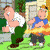 Pixelated cartoon characters including a man in green pants and white shirt, another in blue sleeveless top with orange stripes, and a close-up of a character with large eyes and brown hair.