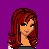 Pixel art contact sheet showing a female character with red hair and multiple body parts across frames, including full head shots, torso views, and leg movements, with overlaid text phrases on purple background.