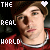 A 3x3 contact sheet of animated frames showing a person in a red shirt with white collar and brown beanie, each frame displaying the text "THE REAL WORLD" with varying pink heart icons above "THE".