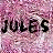 Pixelated pink and white background with repeated black text "JULES JULES" in a bold, blocky font across the frame.