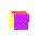 Pixelated cube with red, yellow, and purple faces rotating through nine views on gray background