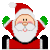 Pixelated Santa Claus figure with red hat, white beard, and green mittens against gray background.