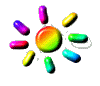 Six variations of a sun-shaped icon with a rainbow gradient center and eight colored capsule rays on gray background.