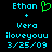 Pixelated cyan text and a green heart symbol on black background, with two identical side-by-side layouts showing 'Ethan', 'Vera', 'iloveyouu', and '3/25/09' text.