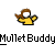 Pixelated cartoon character with brown hair and yellow shirt above pixelated text reading "MulletBuddy" on gray background.