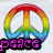 Rainbow peace symbol with 'peace' text, red heart with 'love' and small hearts, yellow smiley face with 'happiness' text.