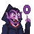 Pixelated character with purple skin and pointed ears holds a floating purple ring that changes shape across frames.