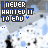 A static pixel art image with repeated text and abstract shapes in blue, white, and black on a gray background.