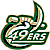Two identical green and white '49ERS' logos with a stylized ram head, one on white background above another, both featuring pixelated text and outline details.
