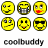 Six pixelated yellow smiley face icons arranged in a 2x3 grid above the text 'coolbuddy' on a white background, each with distinct facial expressions and features.