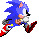 Six pixelated Sonic the Hedgehog frames arranged in two showing running animation with blue fur, red shoes, white gloves, and gray accents