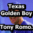 Pixelated image with text overlays about Tony Romo and Jessica Simpson, featuring a blue background on the left and white backgrounds elsewhere.