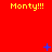 Red background with yellow "Monty!!!" text repeated across three and blue pixelated symbols scattered throughout the frame