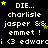 Black background with white text reading "DIE... charlisle jasper && emmet! i <3 edward" and yellow stars, stars change position across frames.