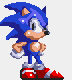 Pixelated blue hedgehog with white gloves and red shoes stands in profile, head turned right to left.