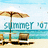 Pixelated beach scene with umbrella, lounge chair, and ocean view under light blue sky.