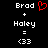 Black background displays white text 'Brad', '+', 'Haley', '=', '<33' with a red pixelated heart symbol above 'Brad'.