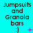 Cyan background displays text "Jumpsuits and Granola bars :)" with animated pink symbols changing across frames.
