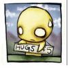 A yellow cartoon character with large white eyes and a small mouth holds a sign reading 'HUGS 1.5' against a cloudy sky background.