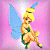 Pixelated static icon of a cartoon fairy with yellow hair, blue wings, and green accents against a pink gradient background.