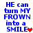 Blue pixelated text reads "HE can turn MY FROWN into a SMILE" with red and pink heart symbols replacing the final 'E' in some frames.