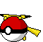 Pixel art of Pikachu atop a Poké Ball in multiple poses with varying expressions and accessories.