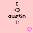 Pixel art icon with pink background showing 'I <3 austin :(' text and animated heart/v shapes. The head turns left to right.