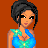 Pixel art contact sheet showing three frames of an animated beach-themed buddy icon with a woman in blue swimsuit, grass skirt, and purple sandals against orange background.
