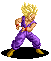 Pixel art character with spiky blonde hair in purple martial arts uniform, shown across three poses: neutral stance, energy ball formation, and energy ball held.