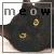 Pixelated dark cat face with glowing eyes and 'meow' text above, framed by a thin border.