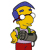 Pixelated yellow-skinned character with blue hair, wearing green suspenders over a light purple shirt and red pants, holding a dark gray object.